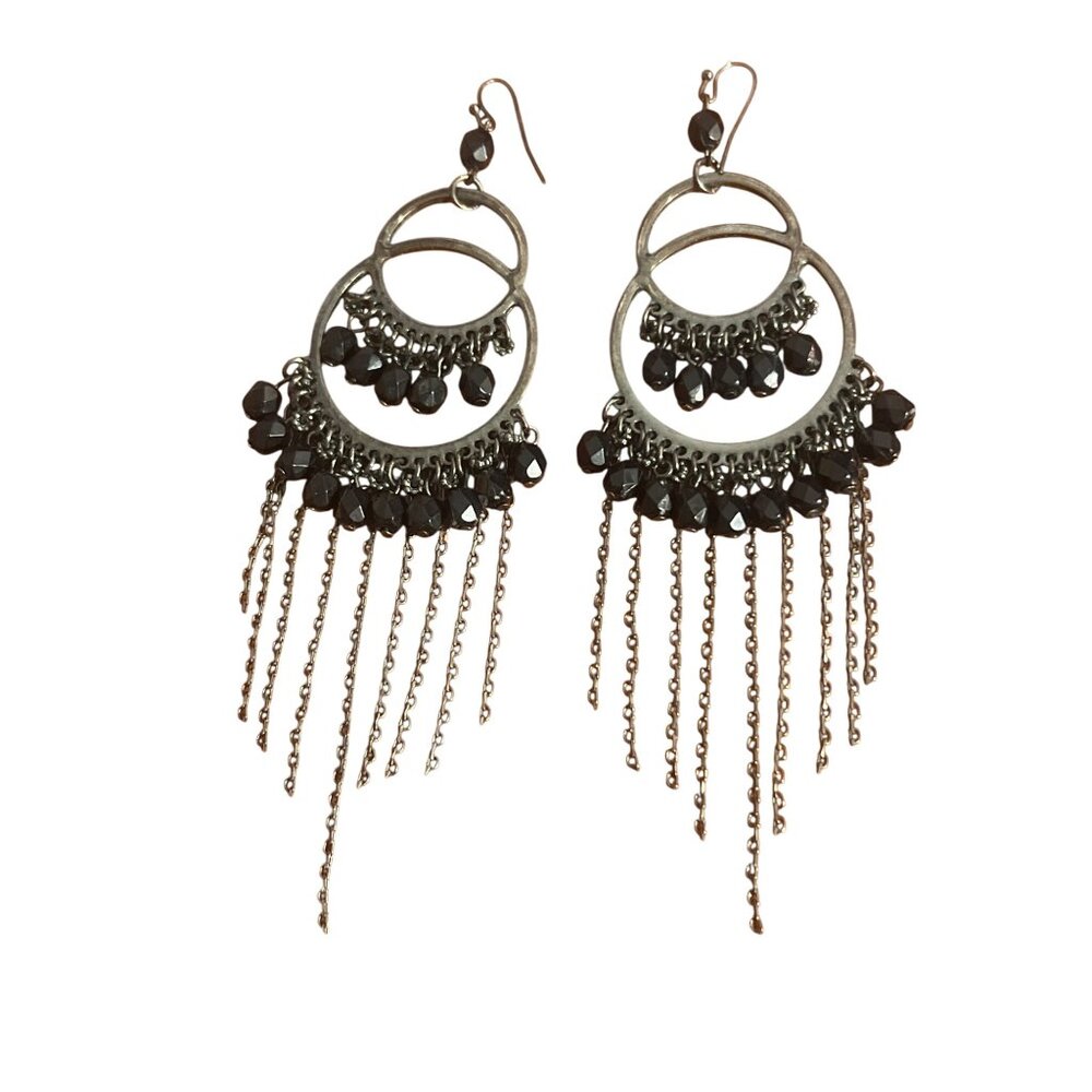Black Gunmetal Chandelier Dangle Earrings Faceted Beads Fringe Chain Drops 5.5"